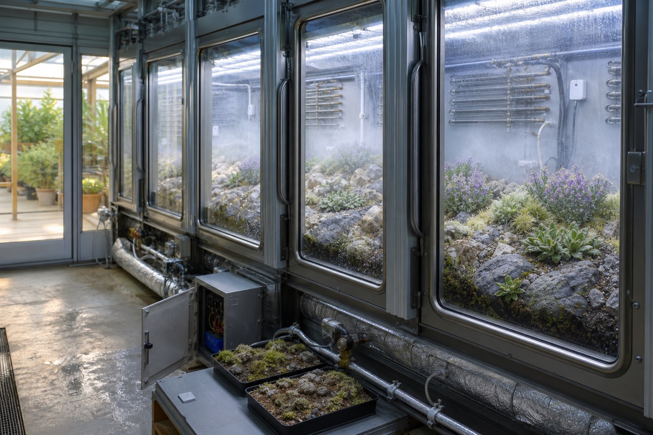 Row of sealed cooled glass grow cabinets containing rocky alpine beds and compact rare herbs inside a greenhouse laboratory