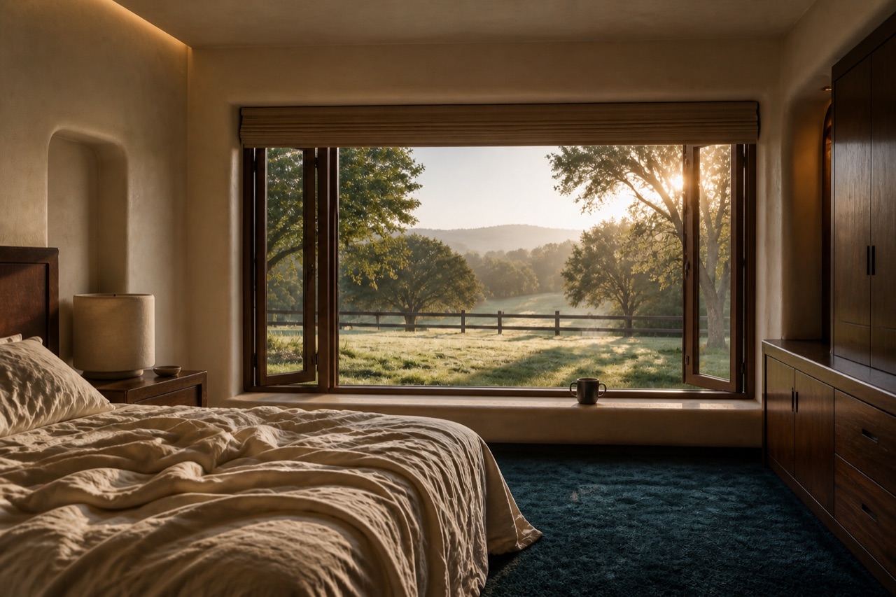 Pasture-facing bedroom with thick petrol blue-green carpet, dark mahogany furniture, operable broad glazing, cream linen, and warm dawn light over the field