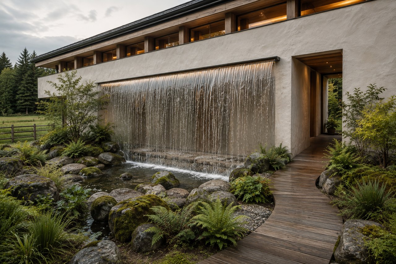 A continuous waterfall conceals the actual entrance in a pale earth-contact house while a curved wooden side approach reaches the dry passage behind the water