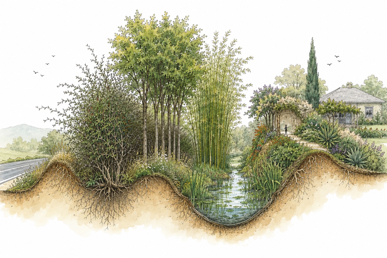 Watercolor side section from a roadside berm through thorn hedge, trees, bamboo, and wet swale to a screened garden home with one tiny stick figure