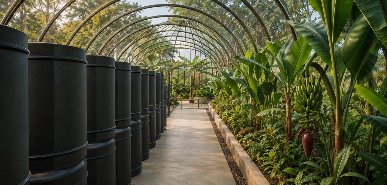 Freestanding bent-glass greenhouse corridor with glazing on both sides, a clear central aisle, black thermal-water barrels, fruiting tropical plants, and the garden dome ahead