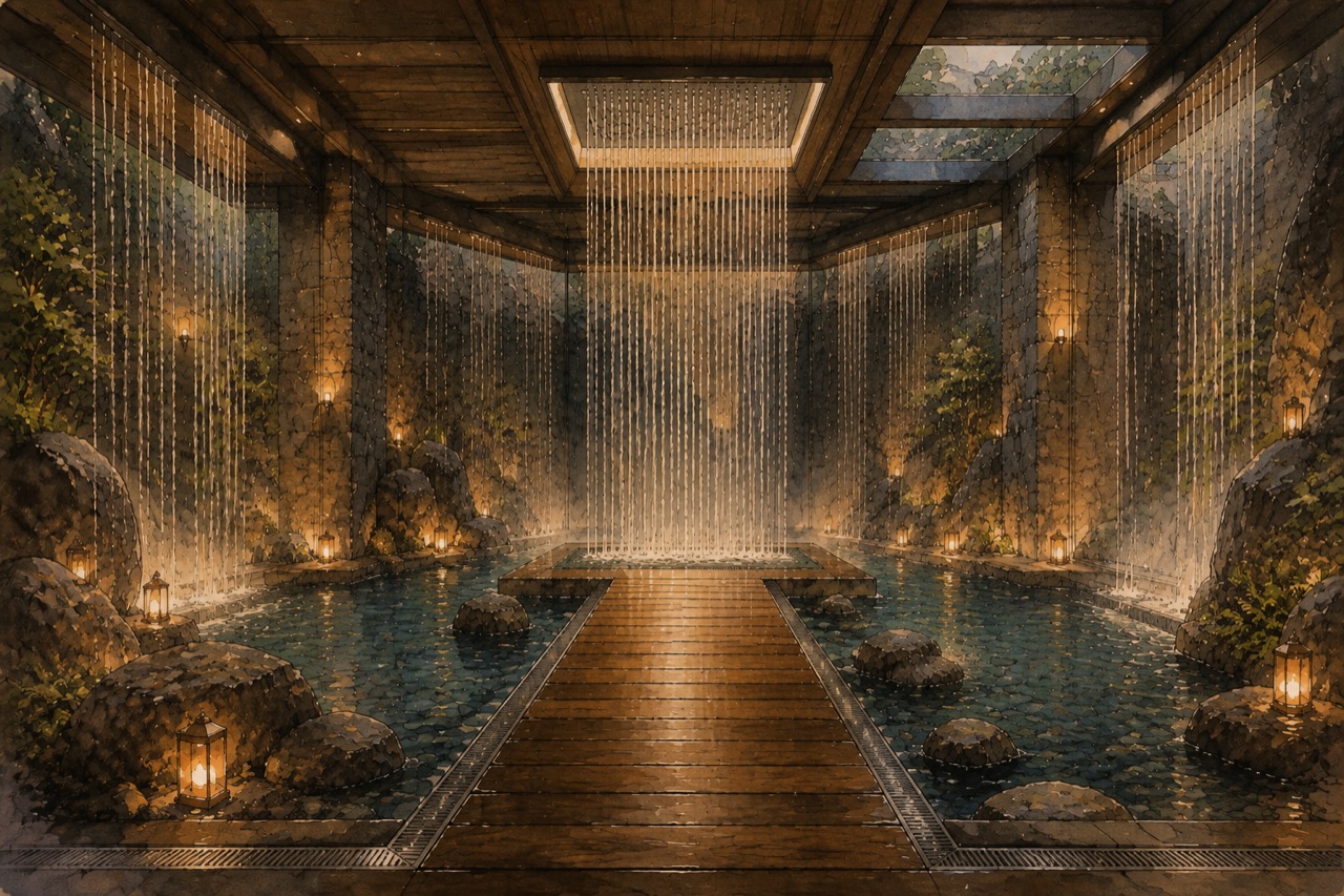 Watercolor interior of a steaming rock-lined shower room where a wooden walkway crosses a pool through surrounding curtains of water to a giant square rainfall showerhead