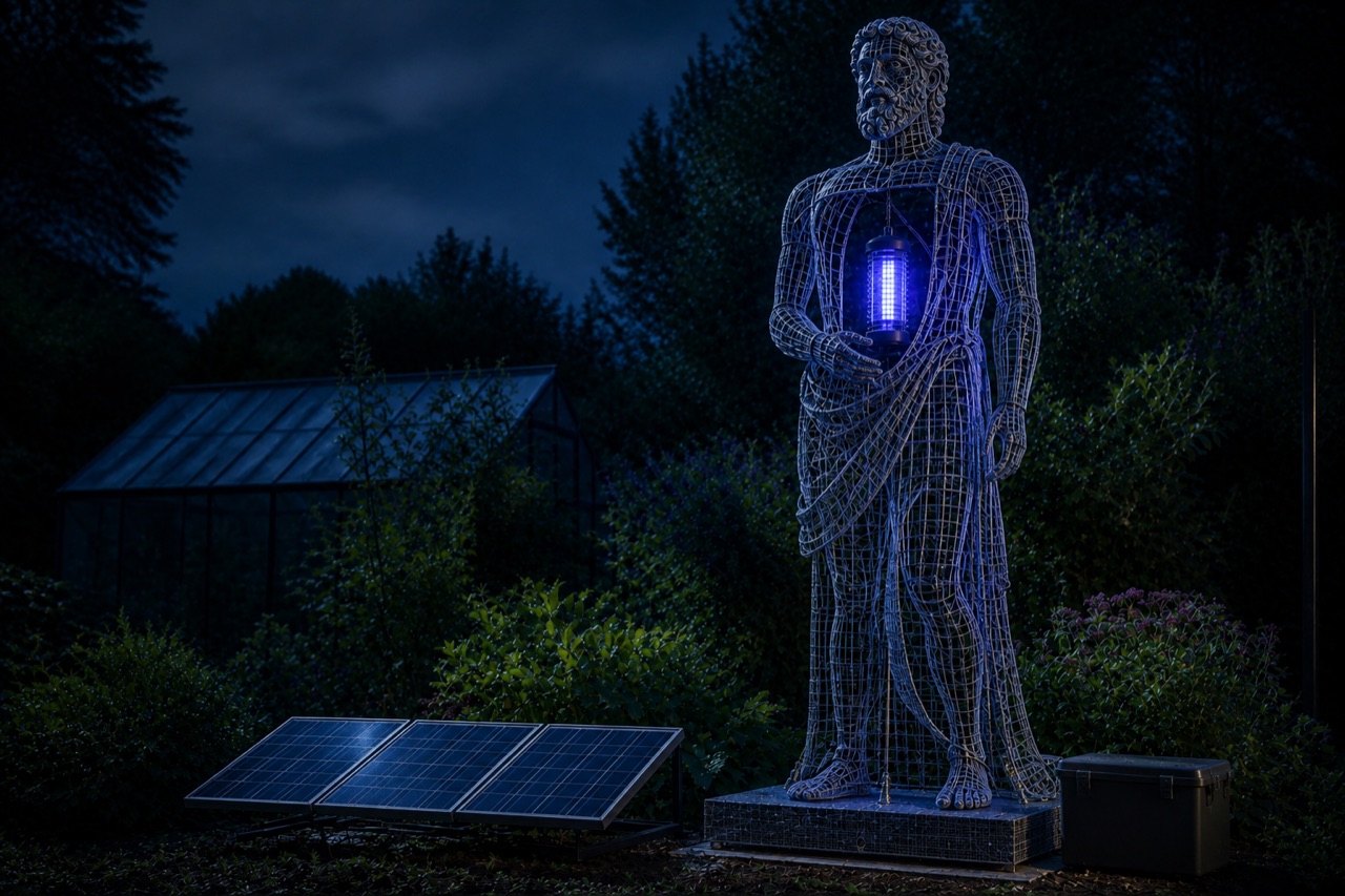 Hollow Greek-god-shaped wire mesh sculpture with a blue bug light suspended in its empty chest beside ground-mounted solar panels at night