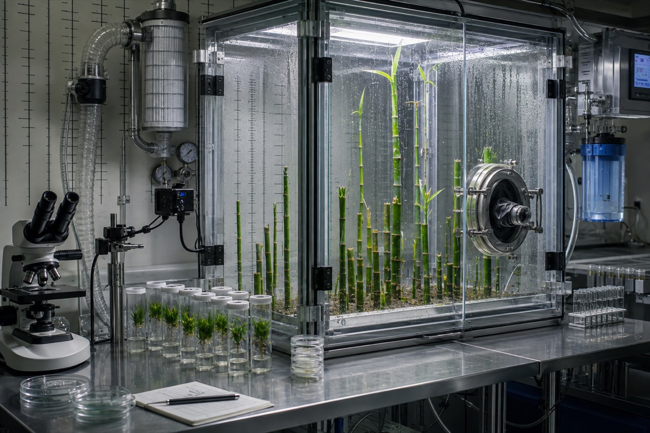 Bamboo shoots at many growth stages inside a sealed transparent plant chamber surrounded by imaging and measurement tools