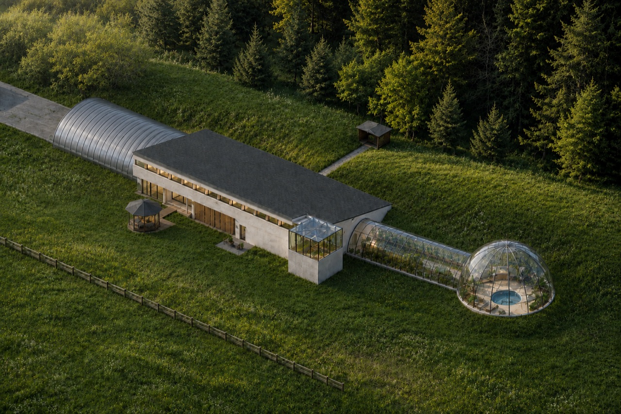 Aerial architectural view of the connected earth-contact property: a long low house and north hillock, partly buried west garage, glass-roofed southeast tower, greenhouse corridor, circular garden dome and pool, south field, fence, and woodland