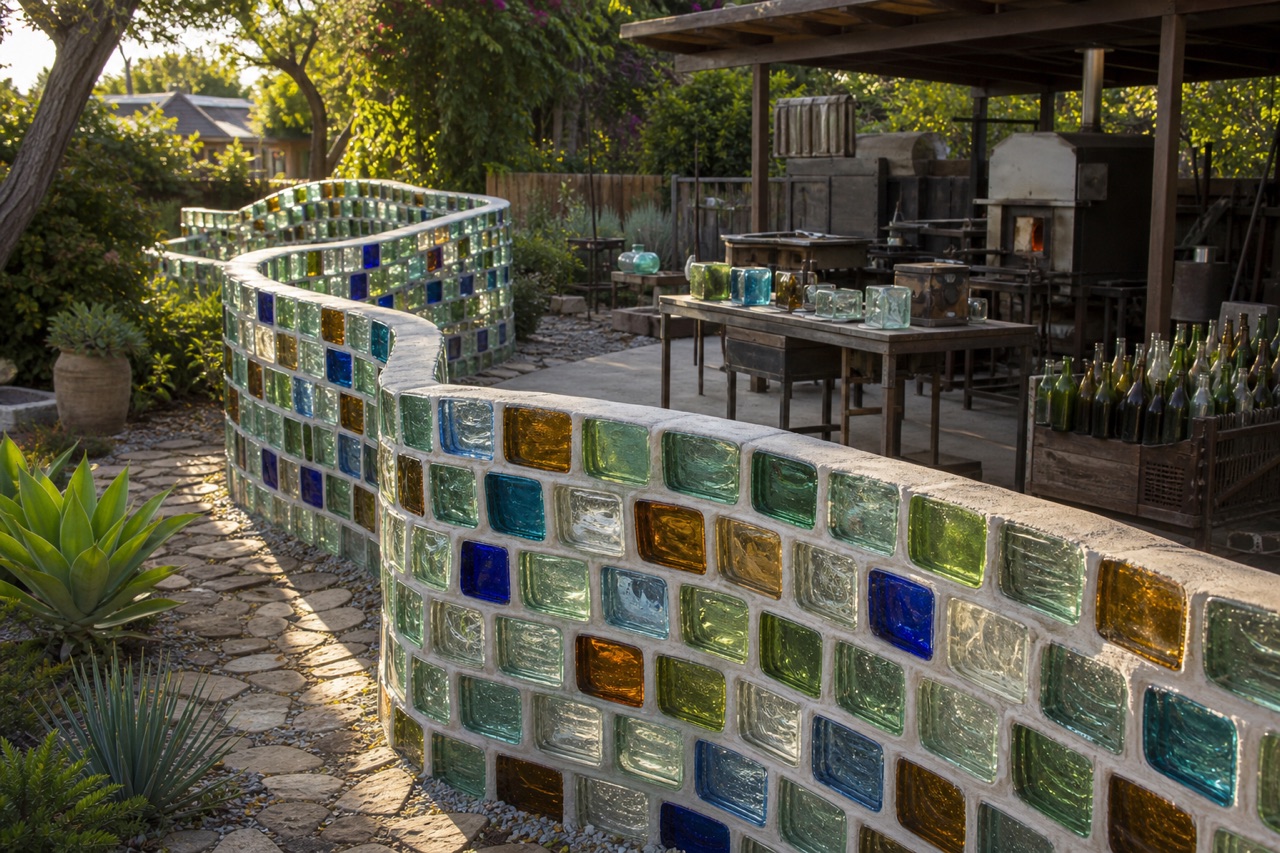 Neck-high serpentine garden wall of irregular hollow recycled-glass bricks in green, amber, blue, aqua, and clear glass beside a molding workshop