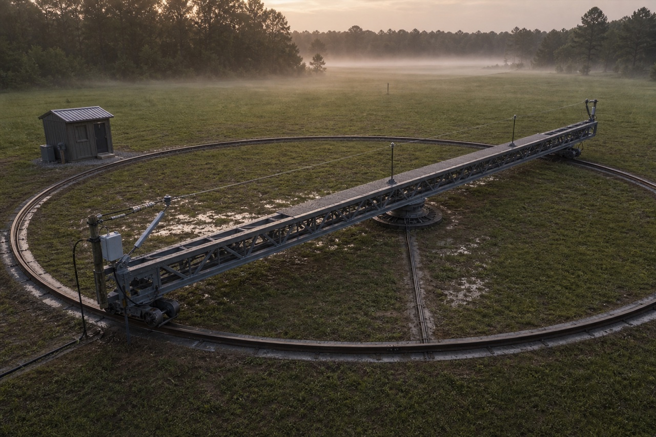 One long low Beverage receiving antenna wire mounted on a truss railcar spanning a circular track in a misty Mississippi field, with pivoting terminal arms at both ends and a central rotation bearing
