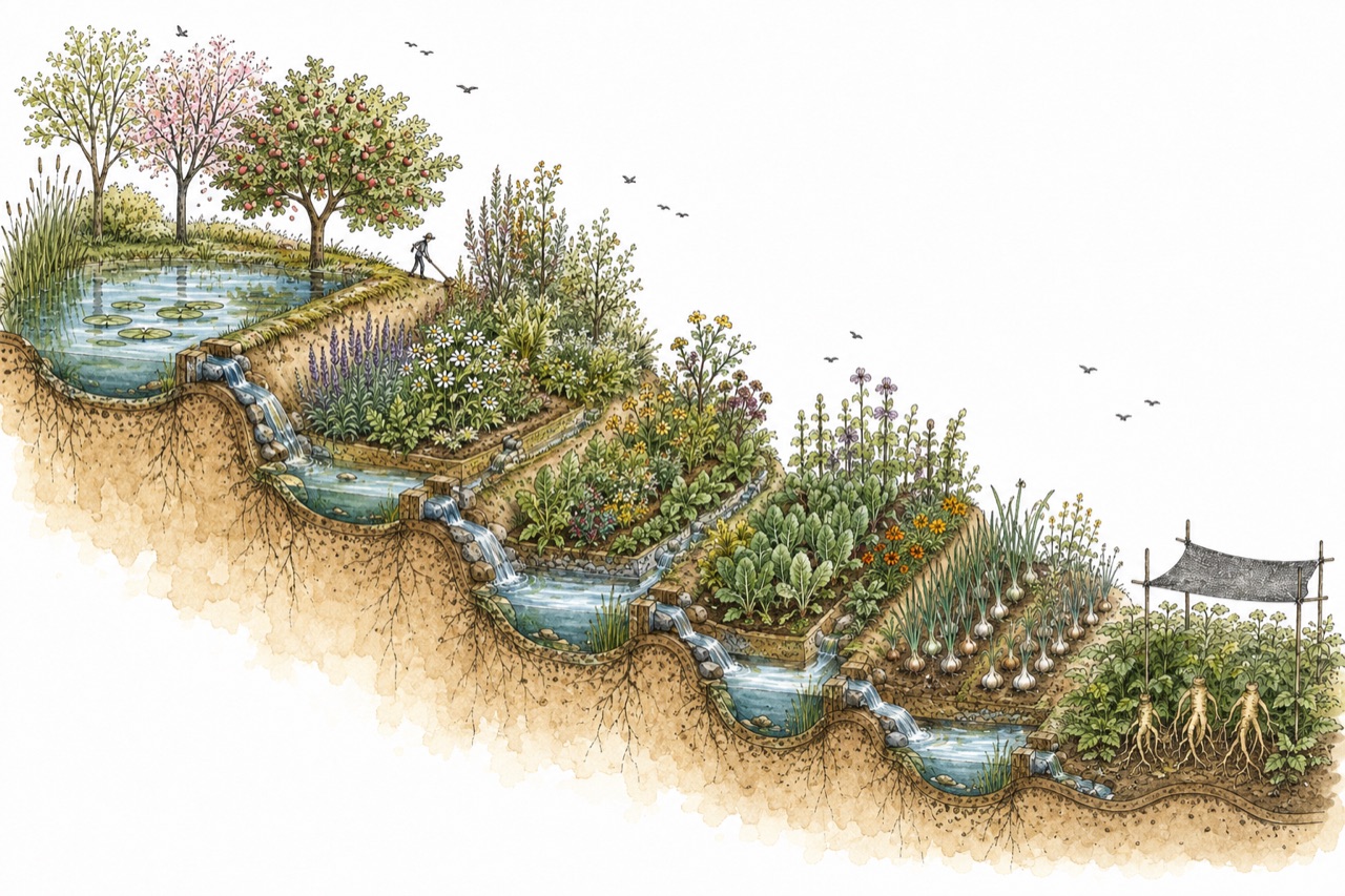 Watercolor side section of terraced ponds feeding an orchard, herbs, flowers, vegetables, onions, garlic, and ginseng, with one tiny stick figure