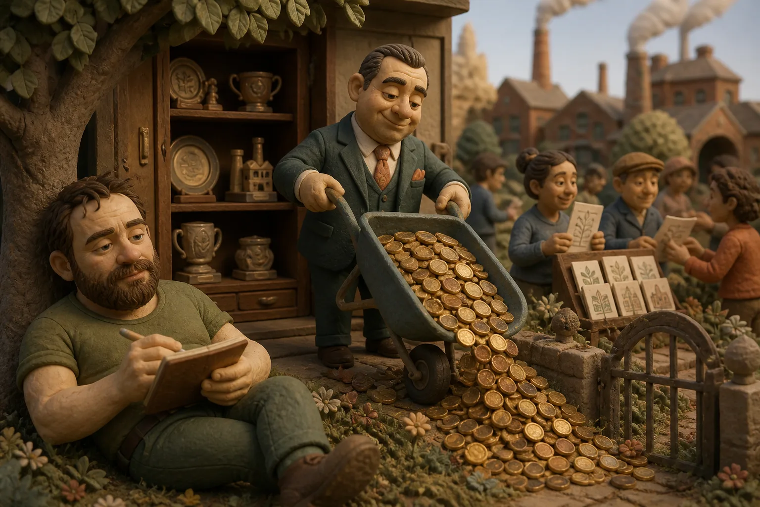 A clay industrialist tips a wheelbarrow of coins into a public garden while Joshuah writes beneath a tree