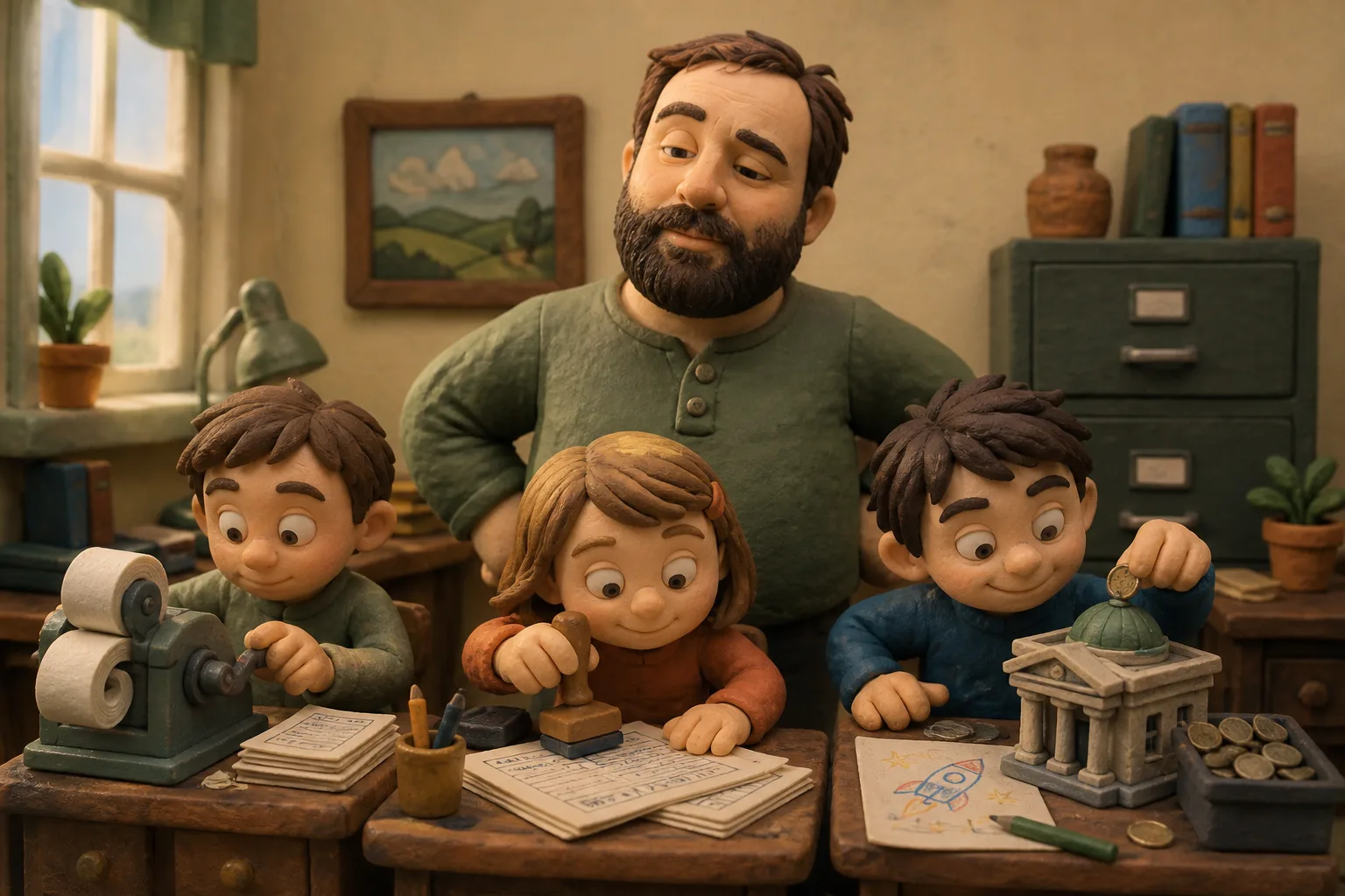 Clay Joshuah supervises three hypothetical children enthusiastically stamping tax forms at miniature desks