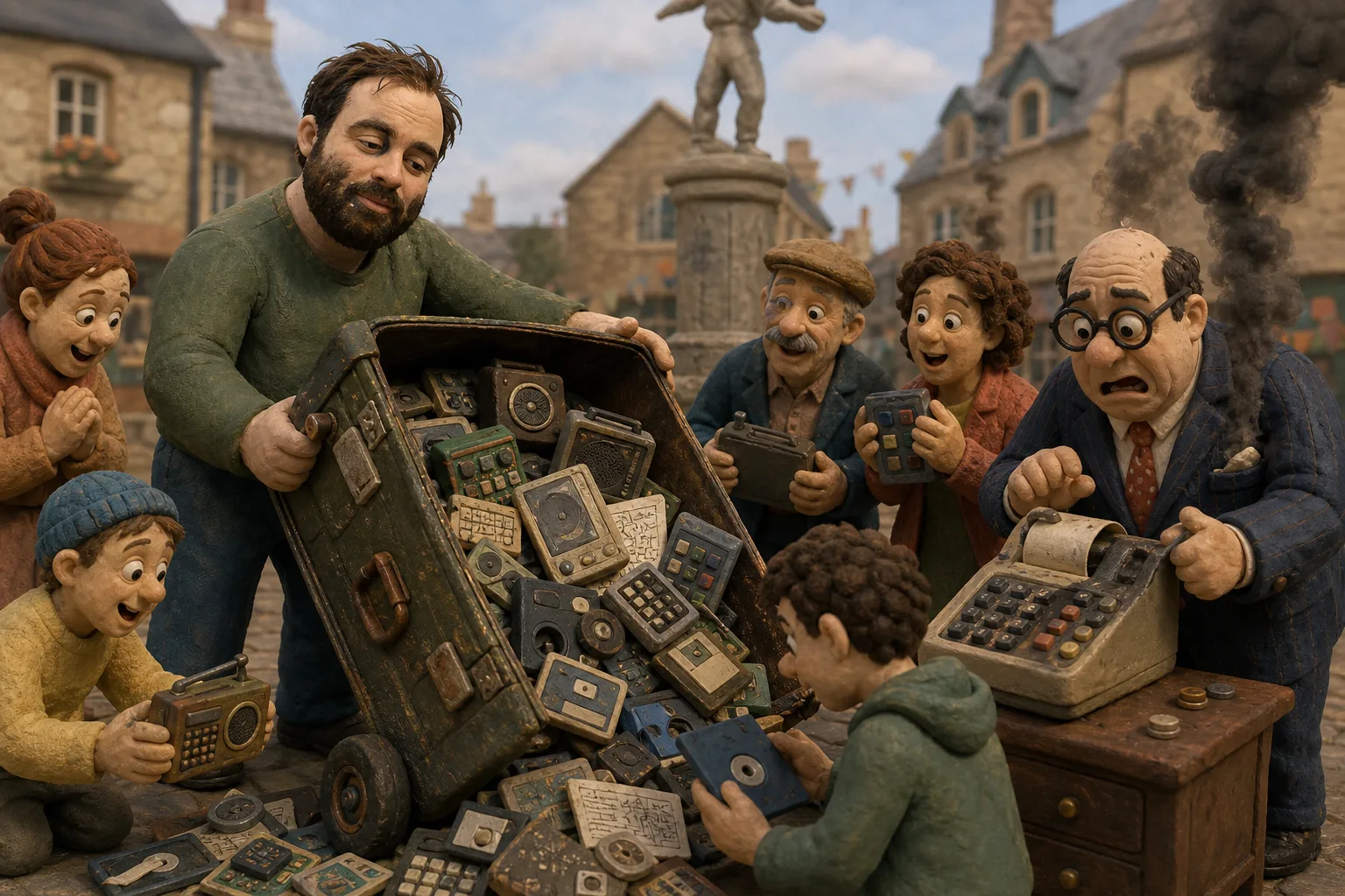 Clay Joshuah gives townspeople a cart overflowing with free radios, tools, disks, and inventions while an accountant's machine smokes