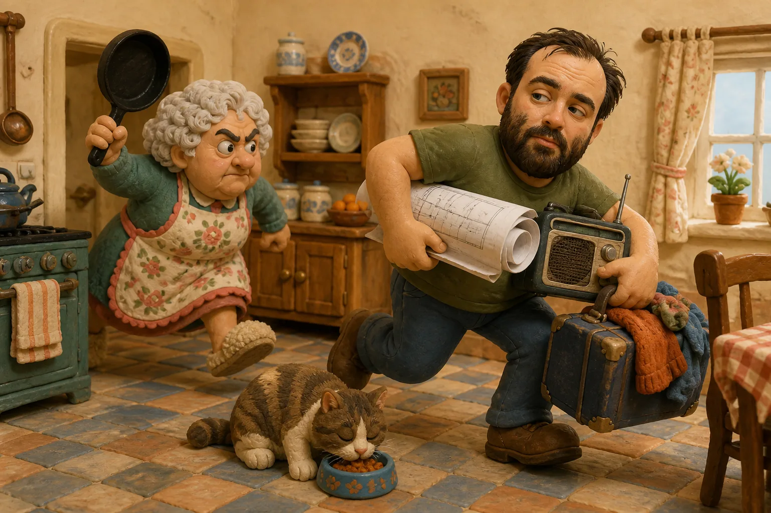 A fictional clay granny chases Joshuah through a cramped kitchen with a frying pan as he carries a suitcase, radio, and house plans