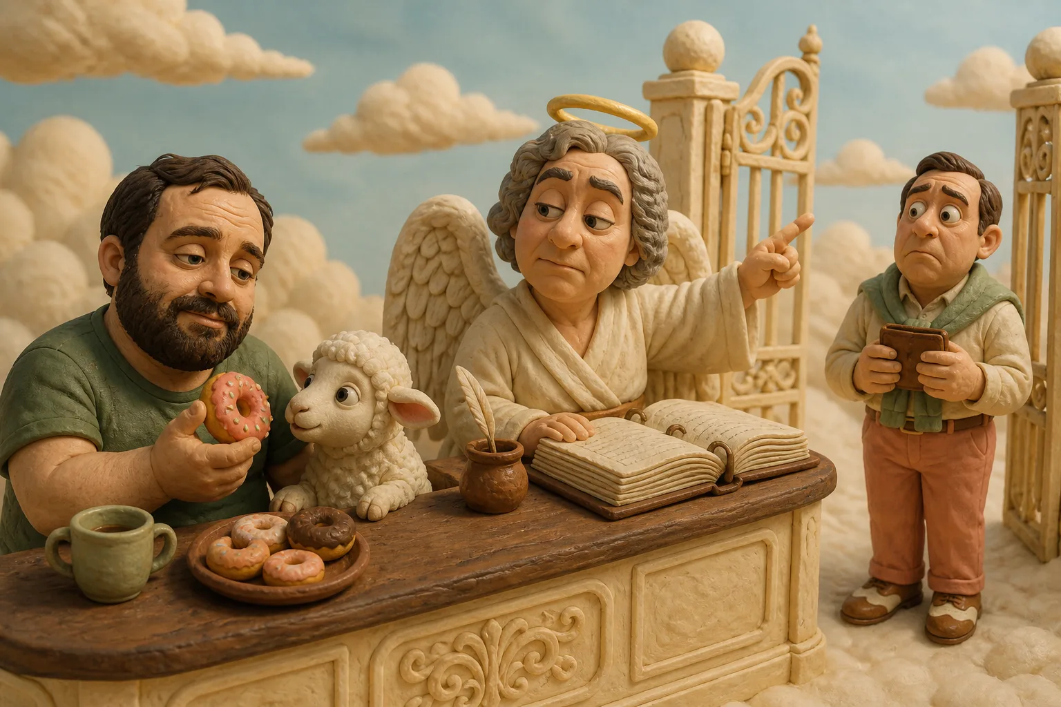 At clay pearly gates an angel points toward a worried patron's closed wallet while Joshuah shares donuts with a lamb inside