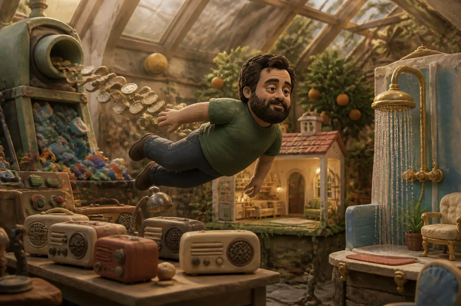 Coins propel clay Joshuah through a greenhouse workshop filled with radios, fruit trees, a house model, and an extravagant shower