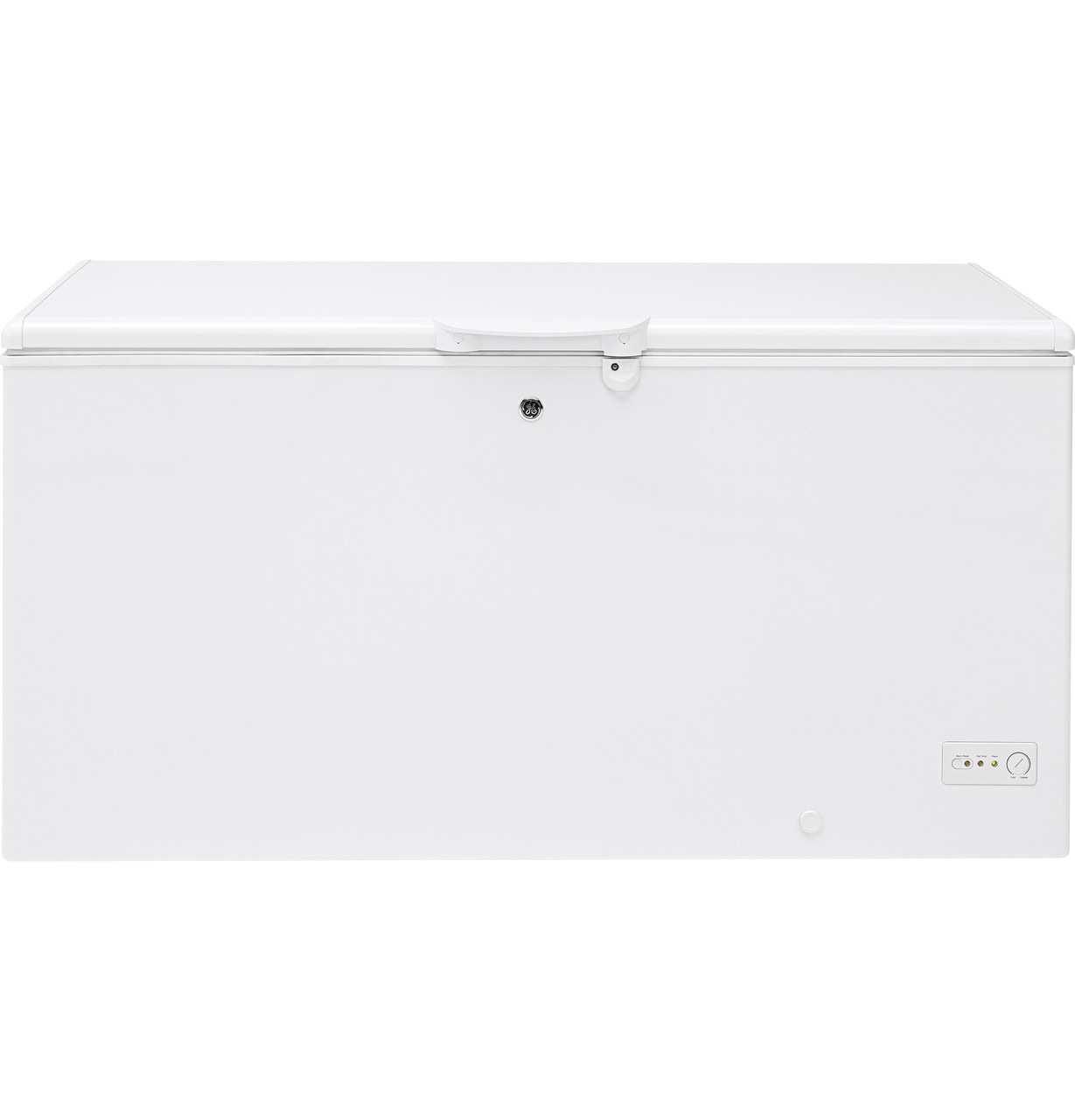 GE FCM16DLWW white chest freezer with its lid open