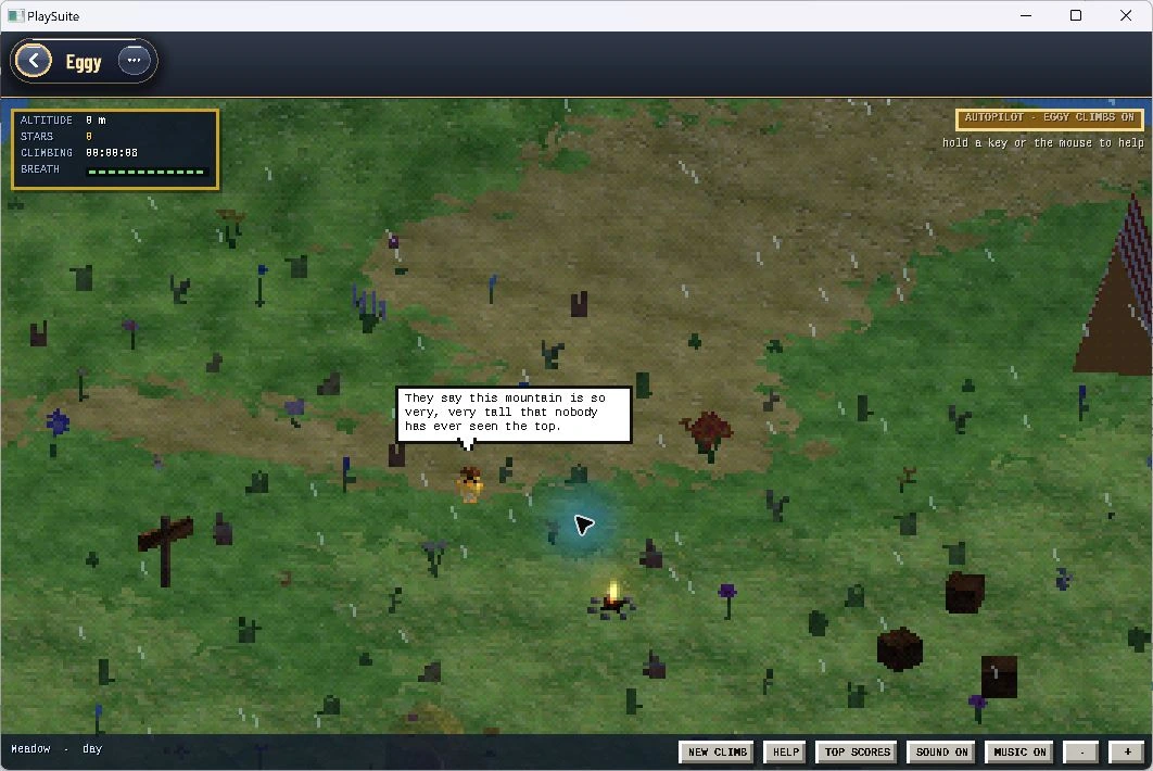 Eggy climbing the mountain during gameplay, with altitude and stars visible.