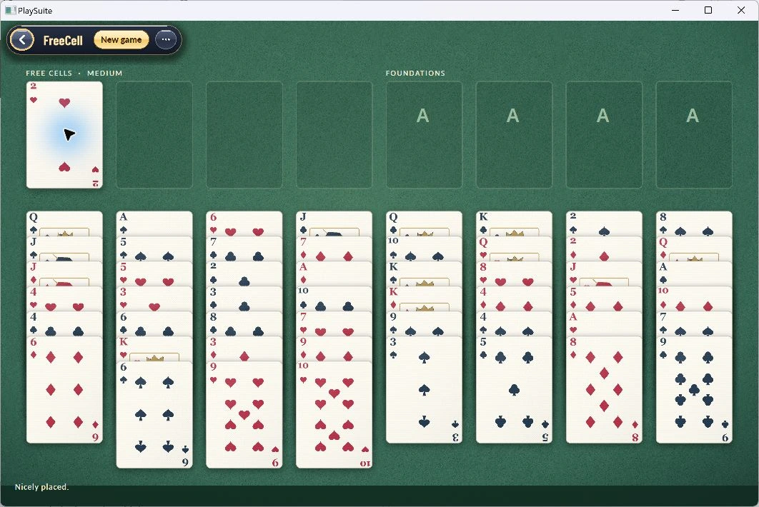 A FreeCell deal with four holding cells above eight tableau columns.
