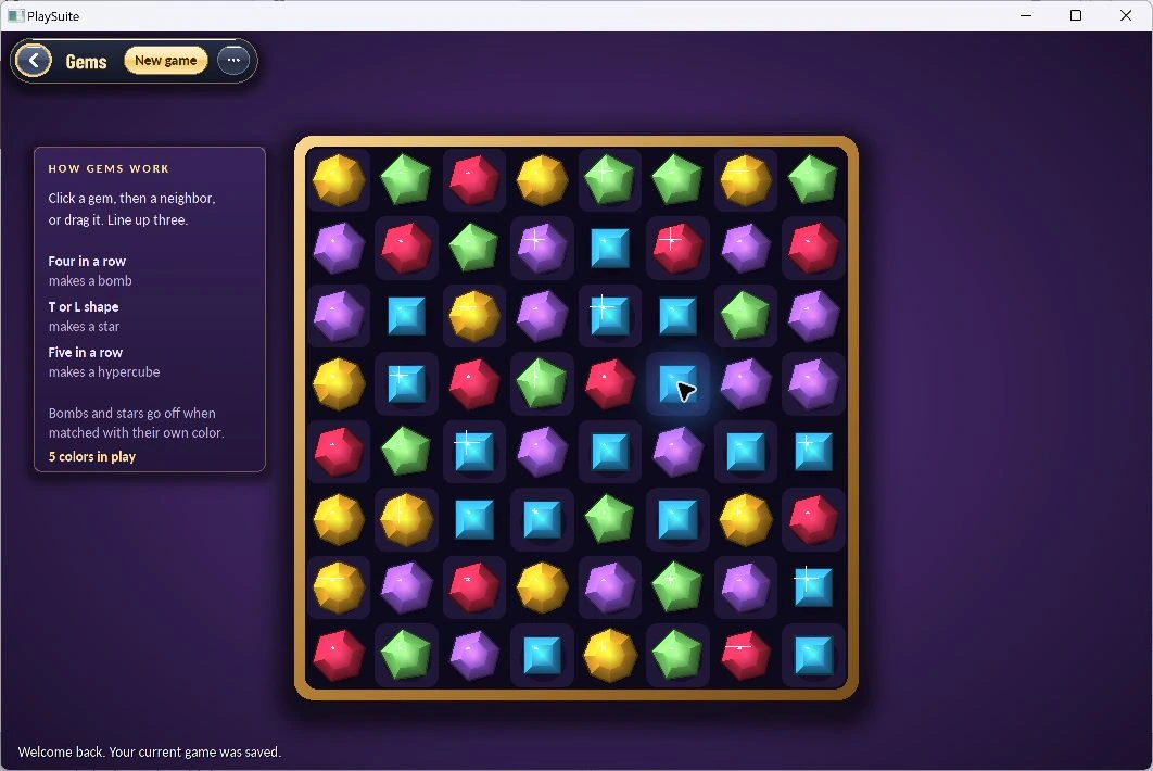 A board of colorful faceted gems ready for a match-three swap.