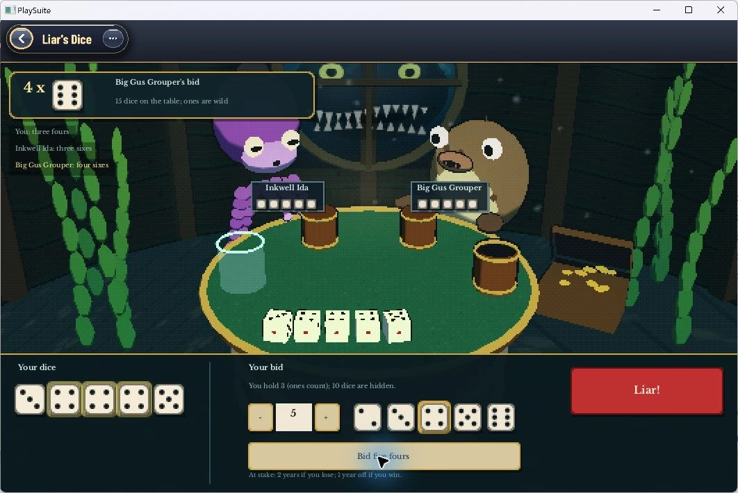 Liar’s Dice in play with dice, crew and bidding controls.