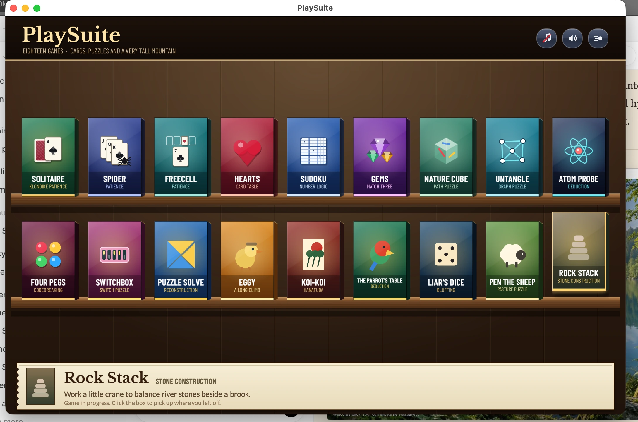 PlaySuite’s main menu: a walnut game-shop shelf with a separate illustrated box for each game.