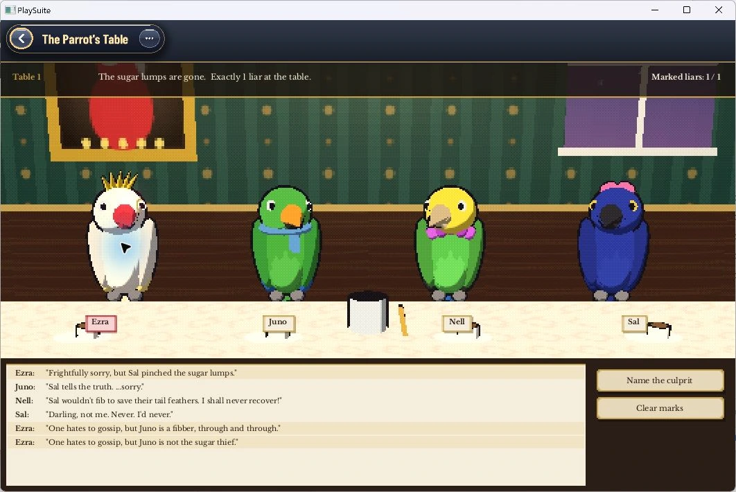 The Parrot’s Table showing its birds and truth-or-lie deduction puzzle.