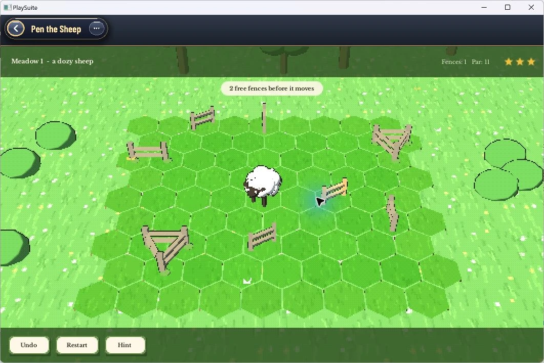 Pen the Sheep showing a playable meadow and fence-placement puzzle.