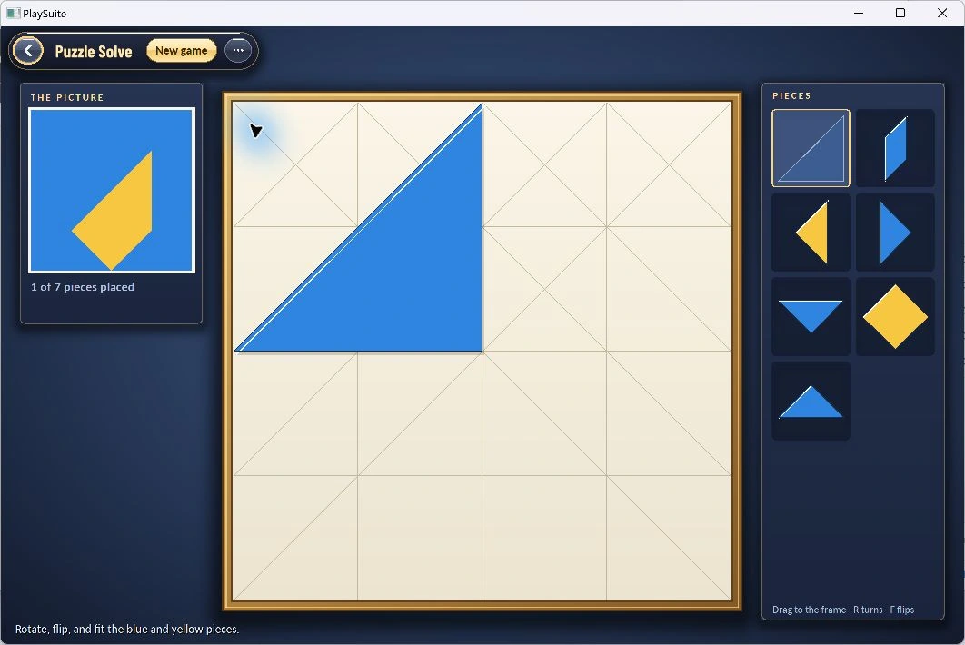 Puzzle Solve’s blue-and-yellow target and geometric reconstruction pieces.