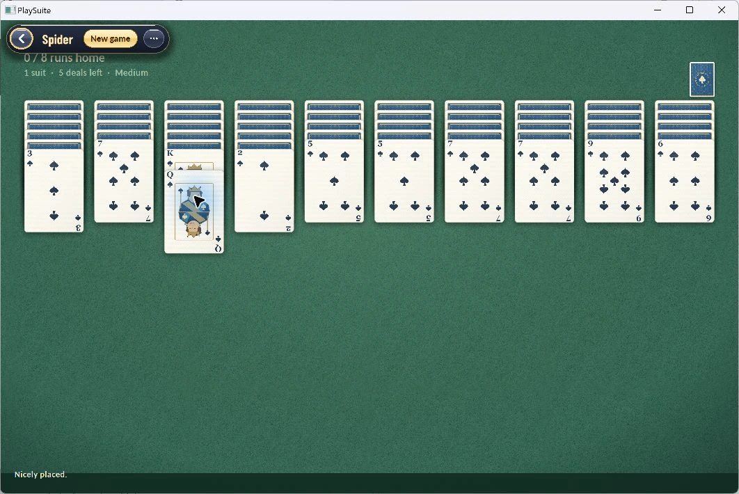 Spider Solitaire with ten columns of cards on the native game table.