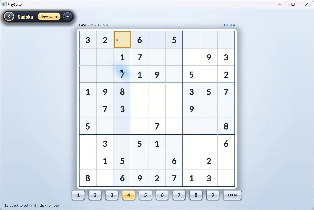The native Sudoku board with editable cells and number controls.