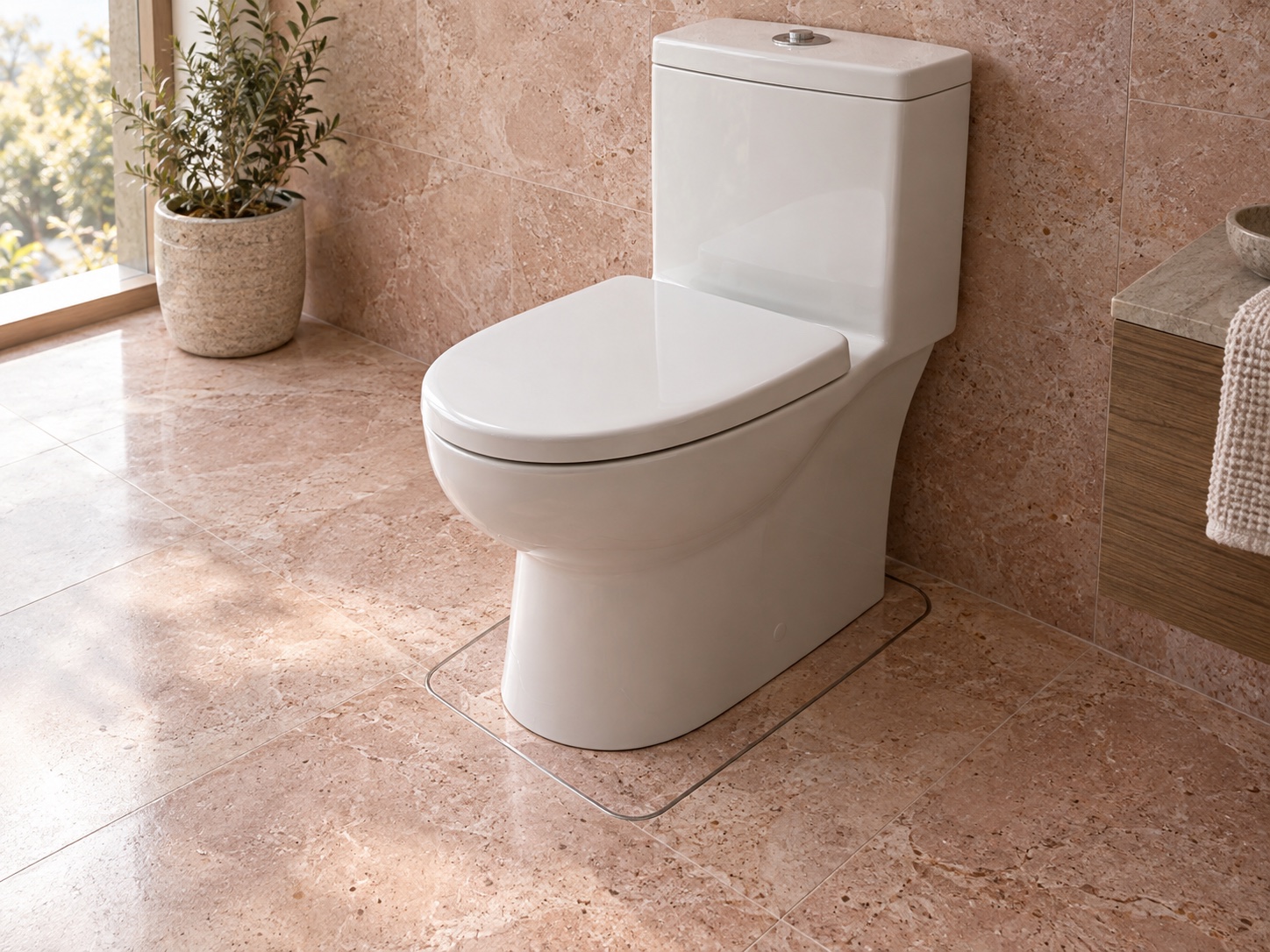 A toilet on a stone pad exactly flush with the bathroom floor, identified by a fine perimeter seam