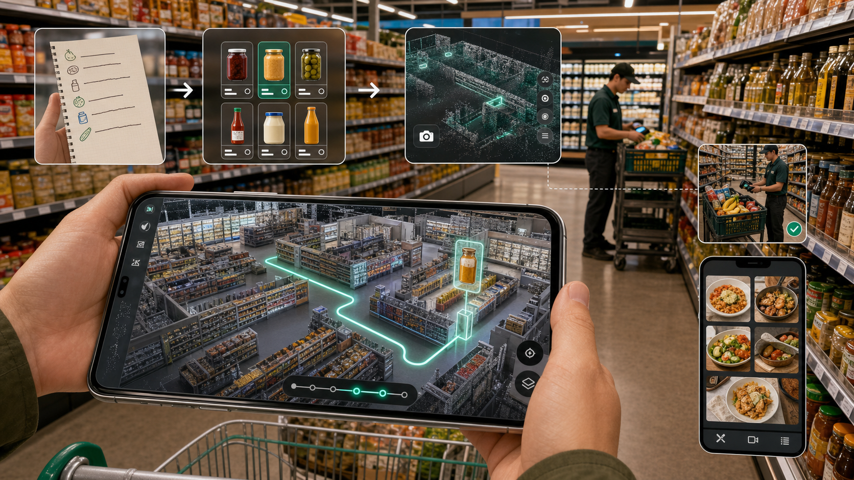 Phone displaying a LiDAR and camera-derived walkable virtual grocery store with a full route and exact shelf slot, alongside list scanning, product comparison, staff shopping, recipes, and videos