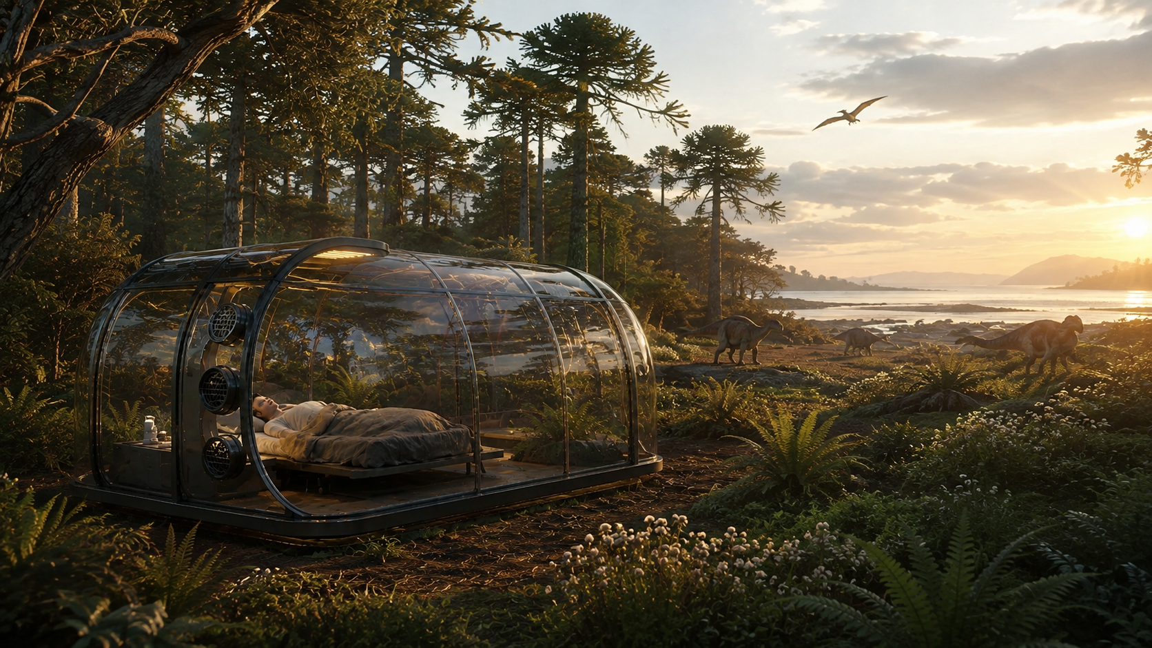 Transparent sleeping pod in a bright Cretaceous landscape among flowering plants and dinosaurs