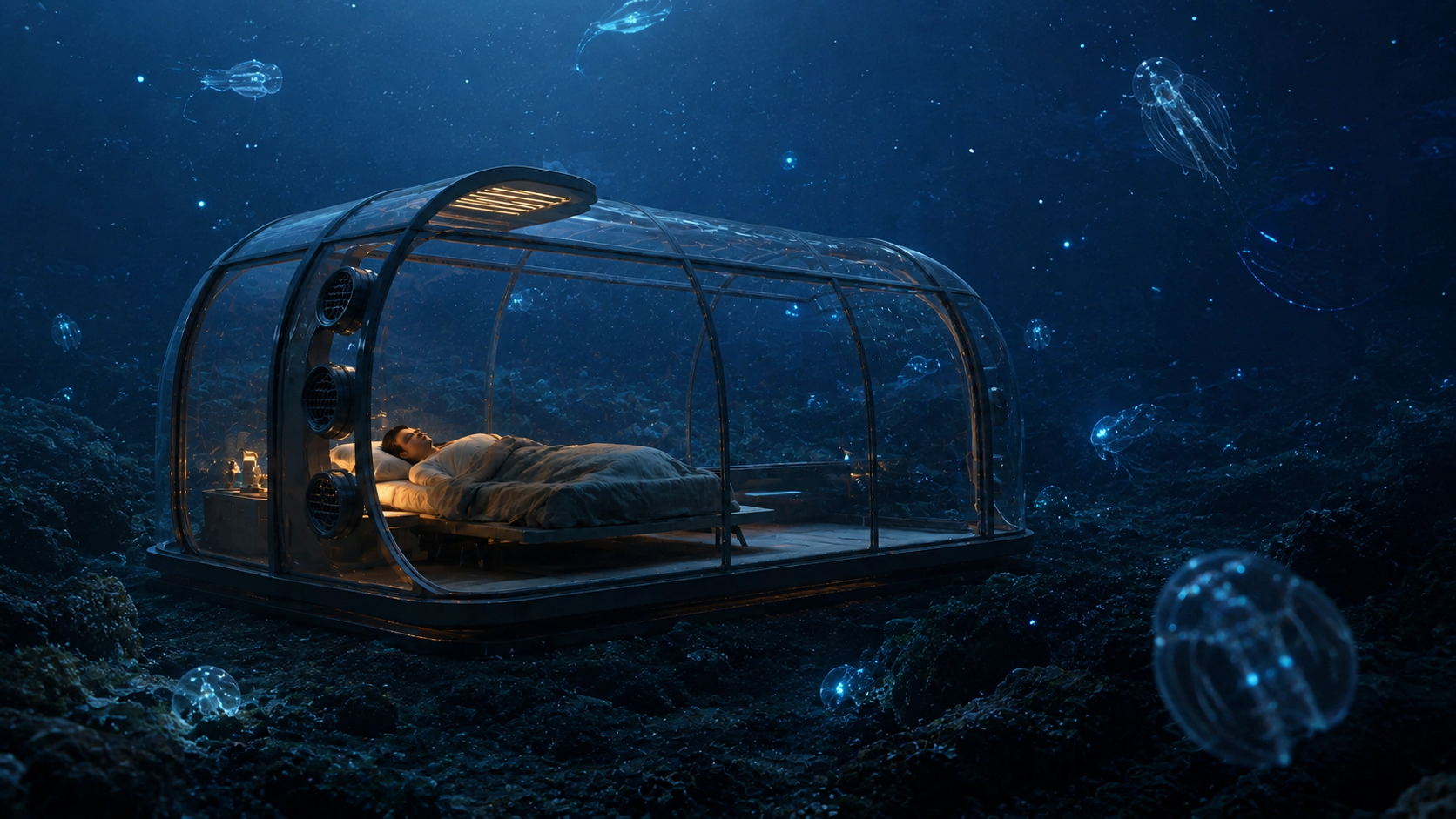 Transparent sleeping pod deep under the ocean among drifting bioluminescent life