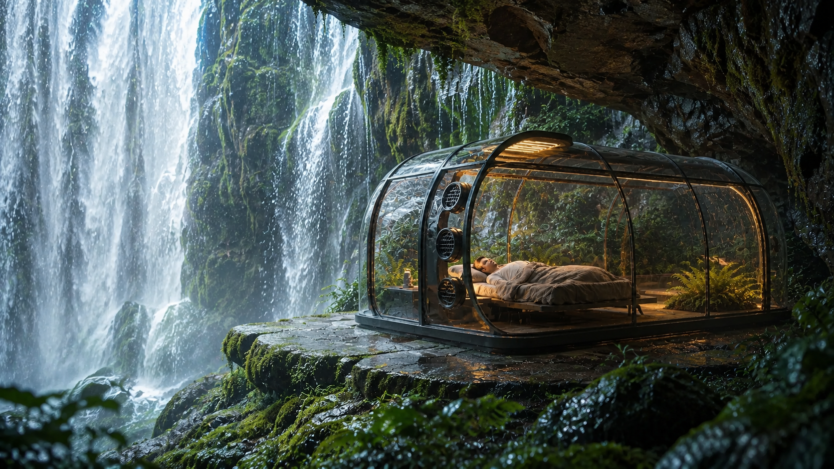 Transparent sleeping pod protected behind a vast waterfall in a green gorge