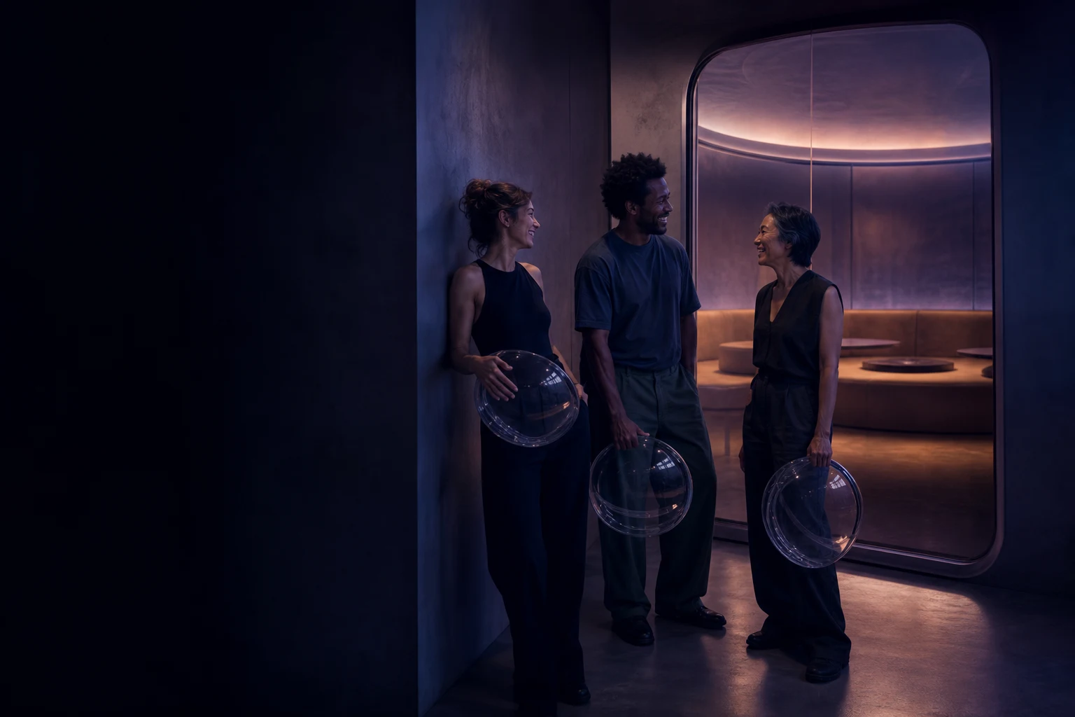 Three people hold their clear helmets in an anteroom and laugh together after a session