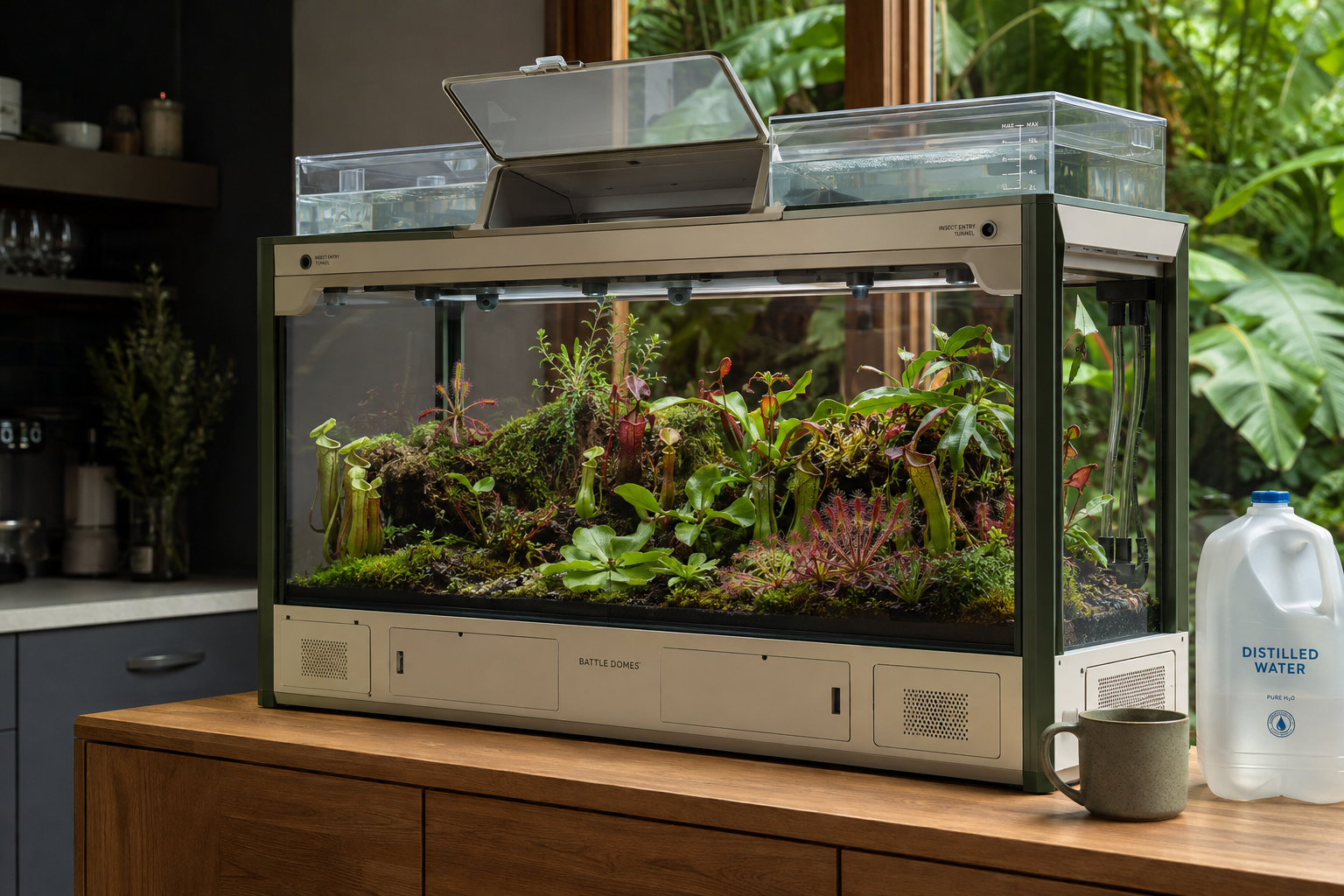 Large rectangular Battle Domes appliance with an open top-fill reservoir, overhead camera canopy and vented service base in a tropical kitchen