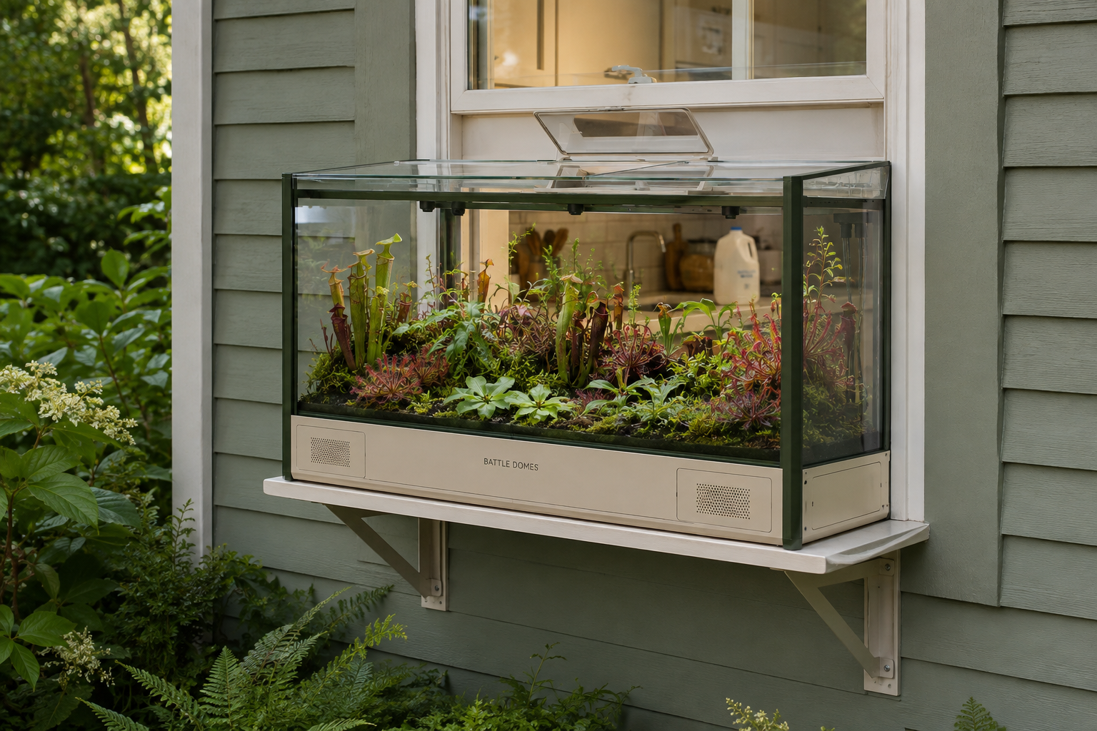 Exterior view of a rectangular Battle Domes habitat projecting from a kitchen window as a small glazed bay, supported by two brackets with a clear roof and rear refill hatch