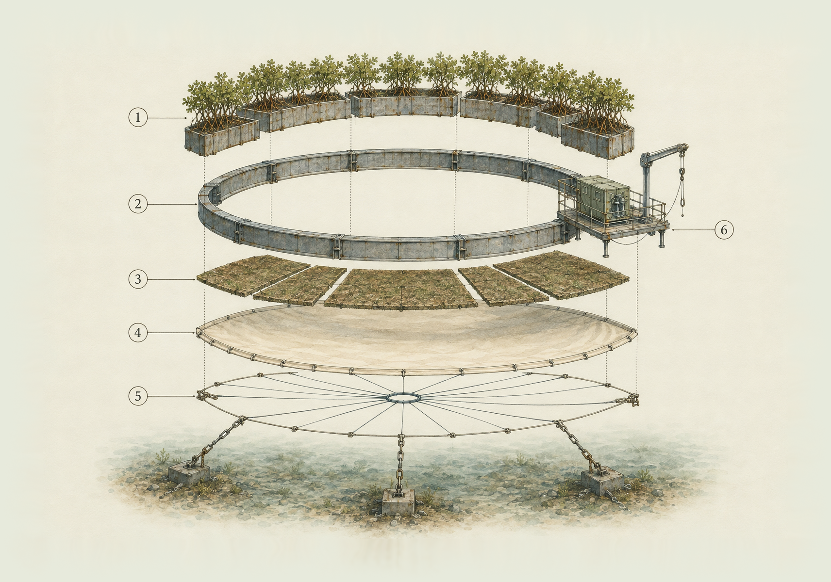 Exploded wet-cell apparatus: 1 mangrove planters, 2 steel perimeter ring, 3 removable cultivation sheet, 4 impermeable liner, 5 support cables and moorings, 6 service platform
