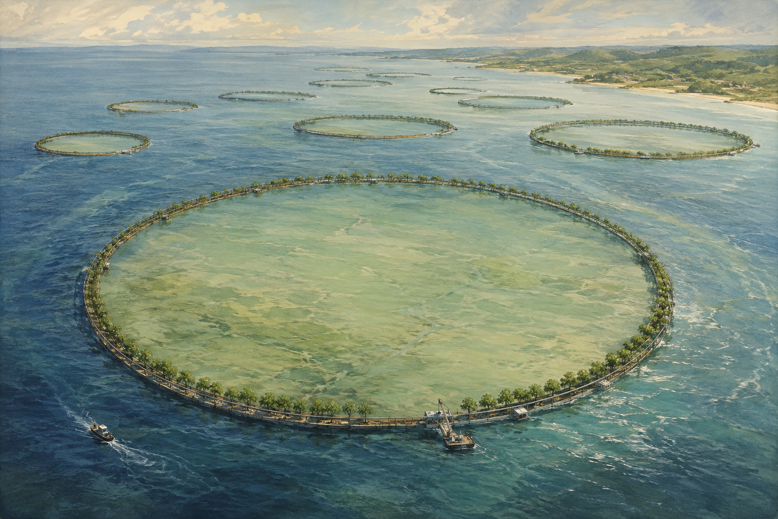 Painted concept of a fleet of modular wet cells on a continental shelf, with pale brackish interiors and mangrove fringes against blue seawater