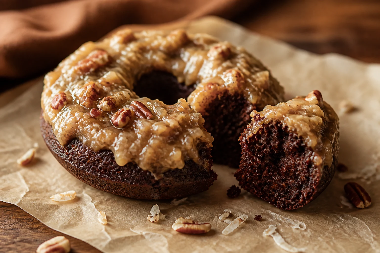 A dark chocolate cake ring donut topped generously with glossy cooked coconut and pecan glaze