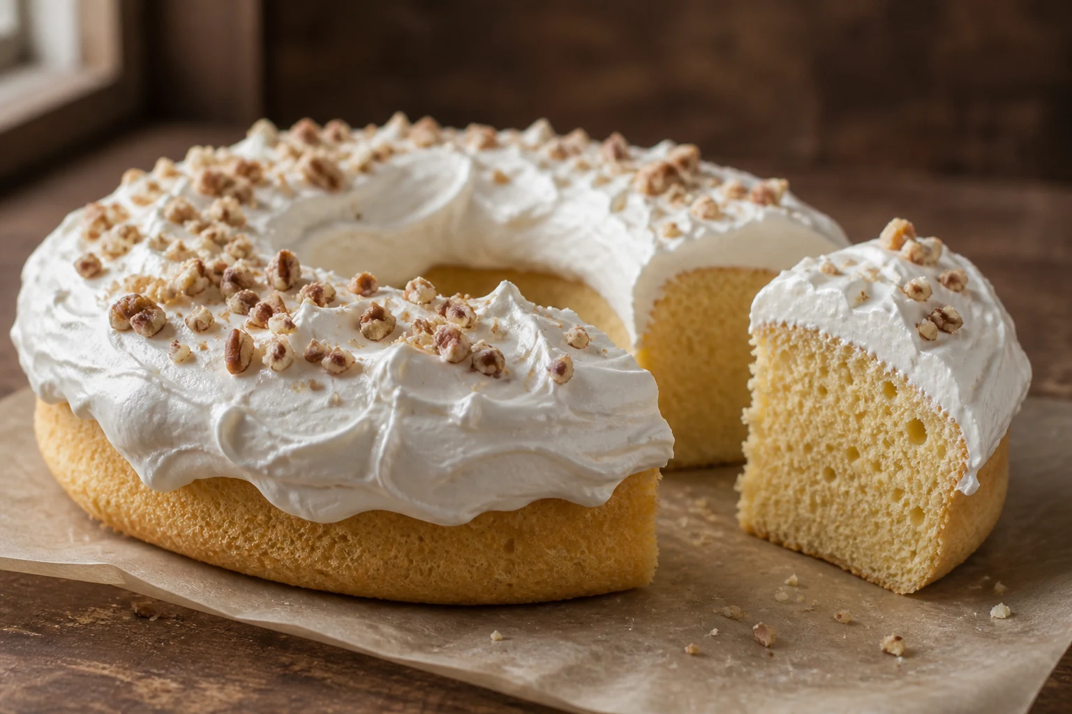 A light golden sponge-cake ring covered with thick white whipped icing and small pecan sprinkles