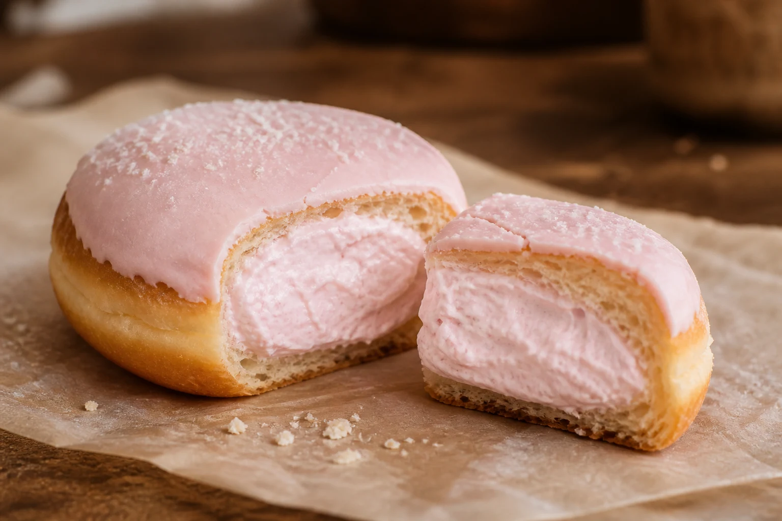 A strawberry shortcake donut cut open to reveal thick pale-pink strawberry cream beneath a smooth pink icing shell
