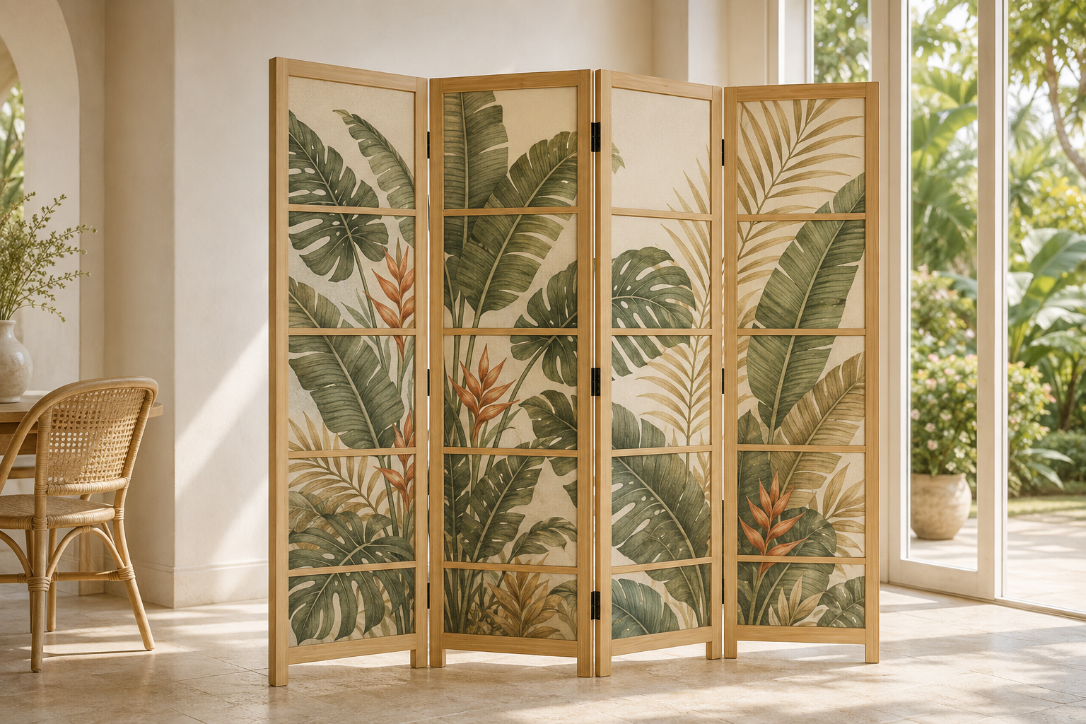 The same e-shoji design in pale bamboo, showing tropical leaves and warm orange flowers in a sunny breakfast room