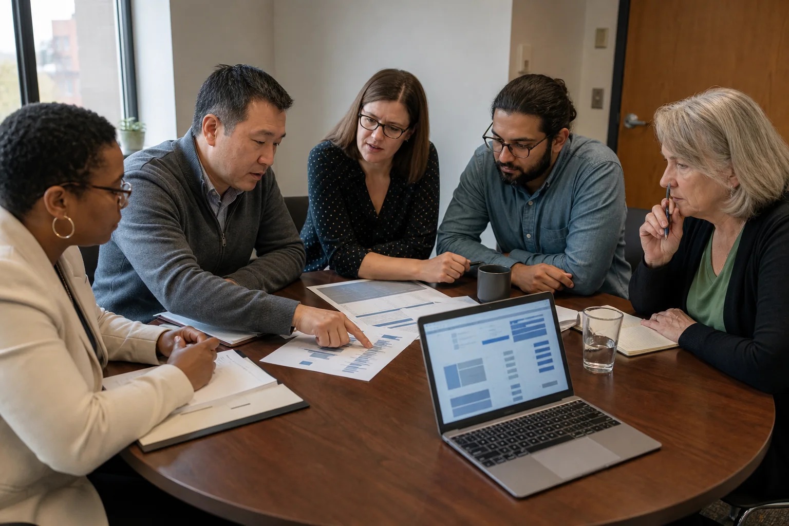 Illustrative scene of five representatives examining financial records together
