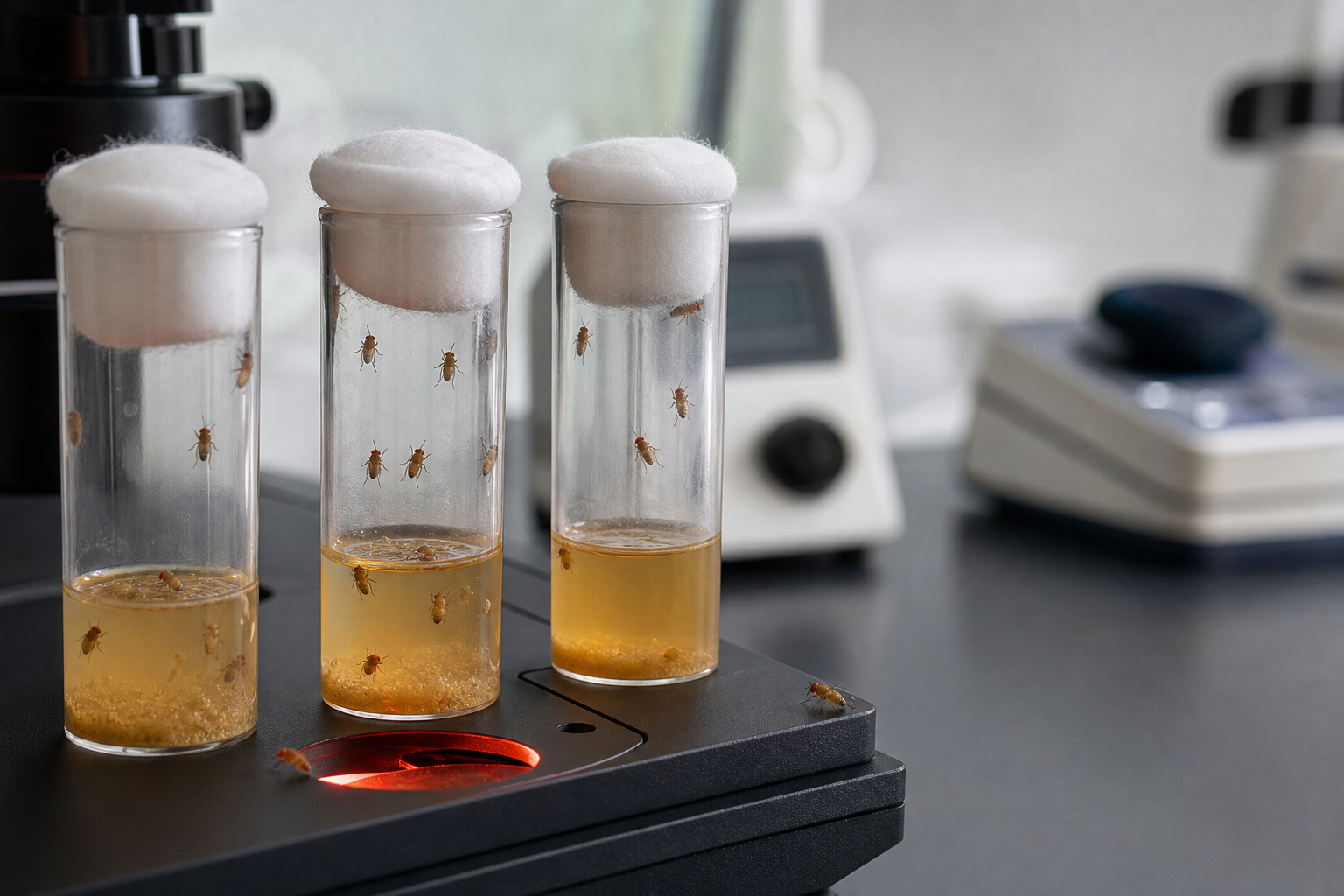 Artist's concept of fruit flies in three culture vials on a laboratory observation stage