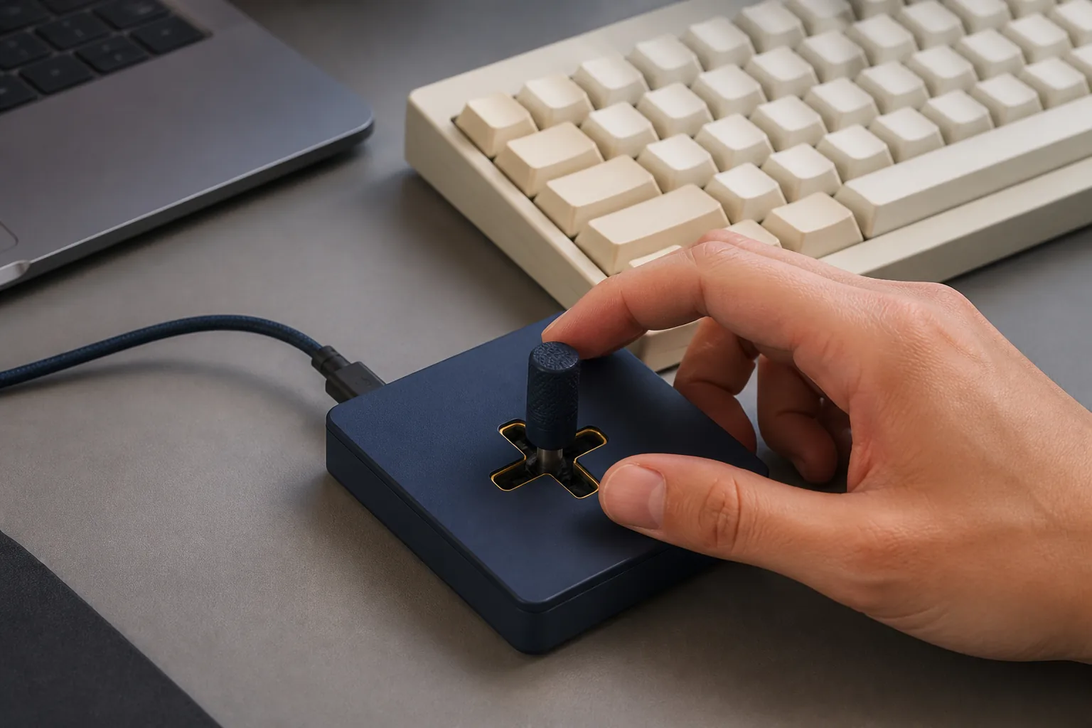 Concept rendering of a palm-sized wired USB prototype with one cross-gated tactile lever beside a keyboard