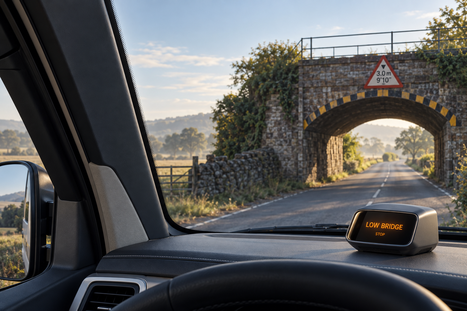 Imagined dashboard clearance scanner facing a low stone bridge from inside an RV
