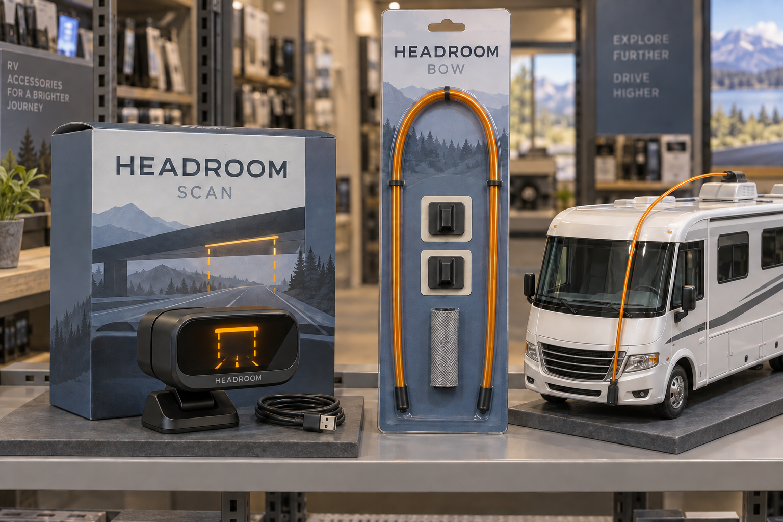 Generated retail concept showing Headroom Scan packaging and a Headroom Bow fiberglass rod kit beside an RV model