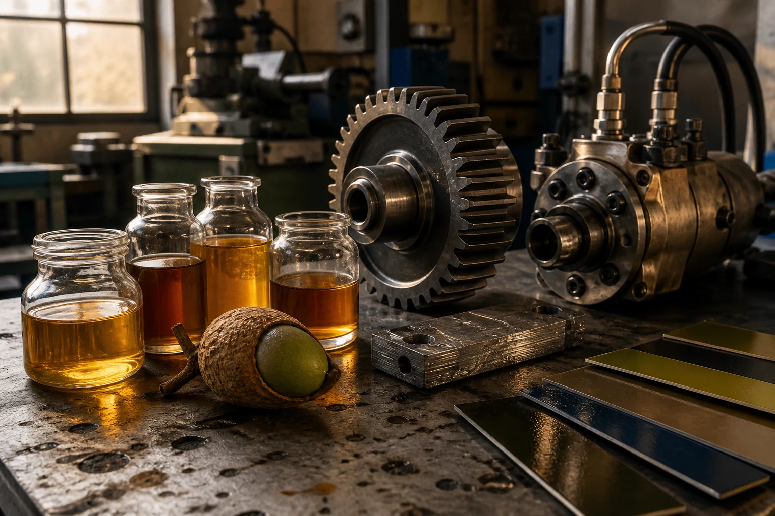 Plant-derived oils and waxes sit beside demanding industrial test hardware