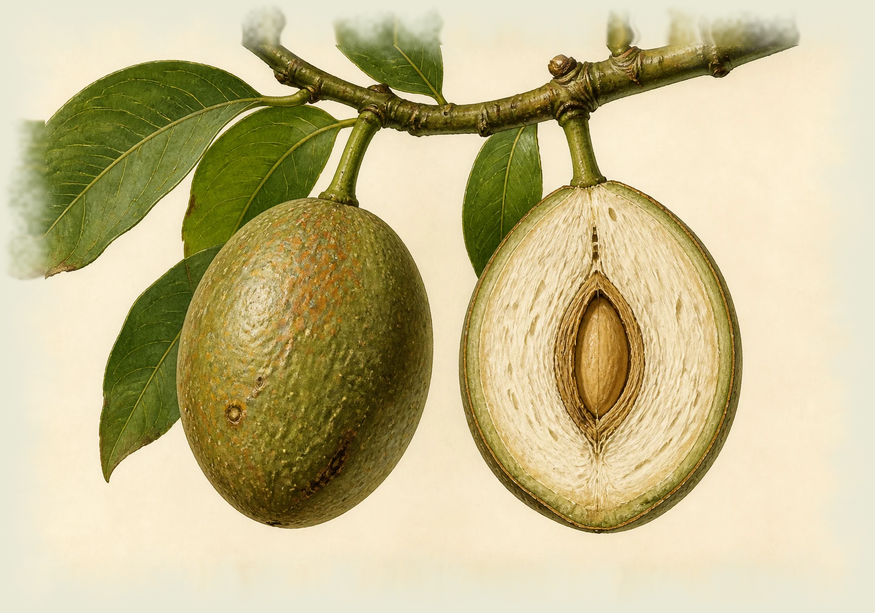 A natural-history cutaway reveals the layers of a plausible latex-rich drupe